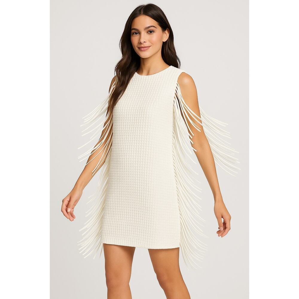 English Factory White Fringe Sleeve Textured Shift Dress | Size S